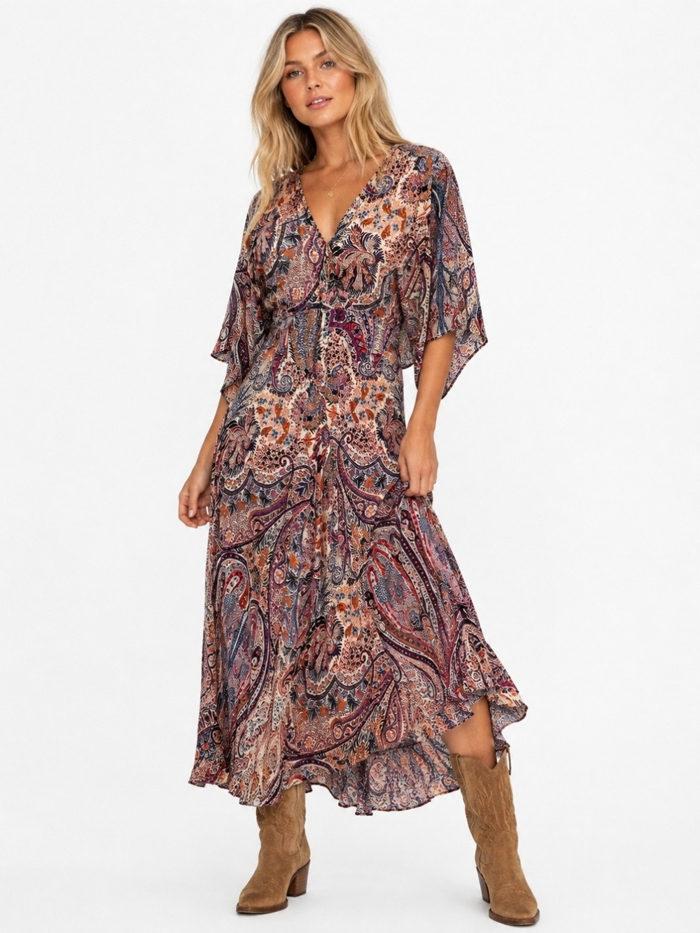 ba&sh Paisley Maxi Dress S Open Back Kimono Sleeve Boho French Designer